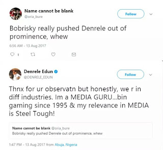 Denrele Edun Replies Follower About Bobrisky Prominence 