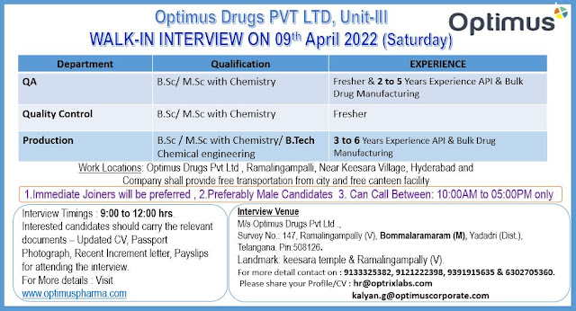 Walk-In Drive for Freshers & Experienced in Production / QC / QA Departments on 9th Apr’ 2022 @ Optimus Drugs Pvt. Ltd AndhraShakthi - Pharmacy Jobs