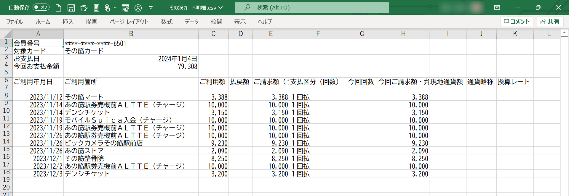 その筋カードの明細データをExcelで開いた