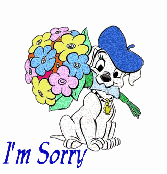 A cute dog is holding flowers in it's mouth and saying I am Sorry
