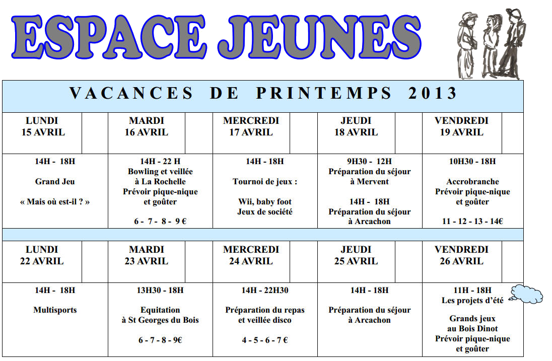 Programme de l'ESPACE JEUNES - Vacances de printemps 2013