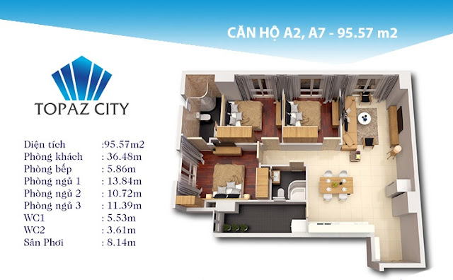 Thiết kế căn hộ A2, A7 - 95.57 m2
