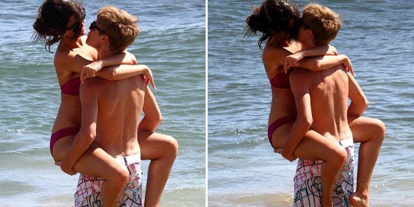 justin bieber and selena gomez kissing in hawaii beach. justin bieber and selena gomez