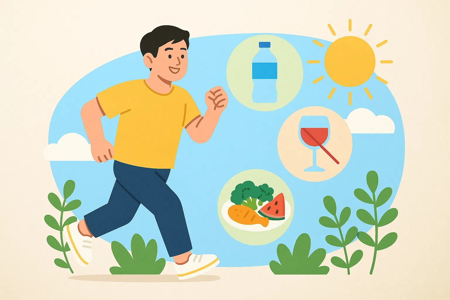 통풍 관리에 도움이 되는 생활습관(운동, 물 마시기, 금주, 균형 잡힌 식단)