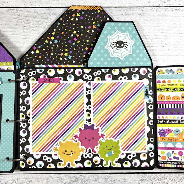 Halloween House Shaped Scrapbook Page with cute monsters and eyeballs