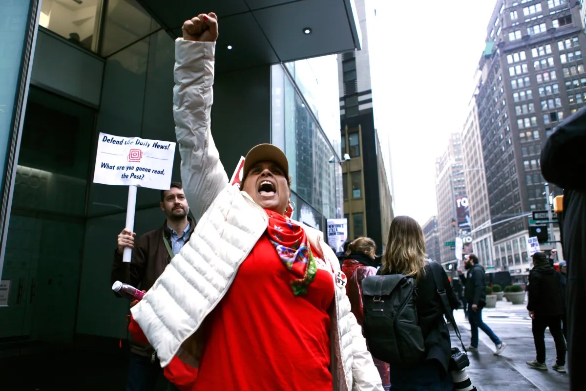 Unionized Daily News reporters held a one-day strike outside a coworking space used by reporters, Jan. 25, 2024. -Photo by Alek Krales/THE CITY