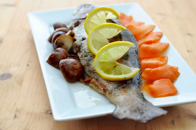 Stuffed Rainbow Trout with Glazed Carrot Shreds and Chestnut Mushrooms ~ Simple Food