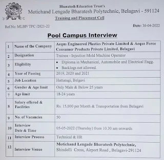 Diploma Pool Campus Interview for Aequs Engineered Plastics Pvt. Ltd. & Aequs Force Consumer Products Pvt. Ltd Belagavi, Karnataka.