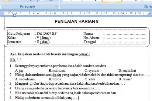 Soal Ulangan Harian Pai Kelas 5 Semester 2 K 13