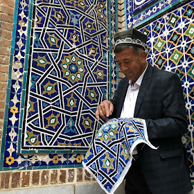 islamic tiles needlepoint tapestry, natalie fisher uzbekistan travels tapestry, uzbek art craft textile tours