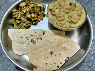 Wheat Phulkah, Channa kurma, Bitter gourd poriyal