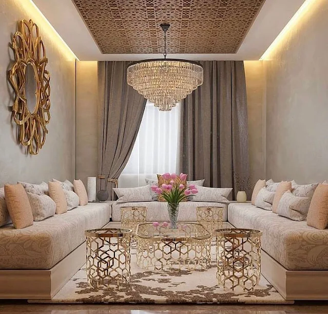 صالون المغربي العصري باللون الأبيض والذهبي