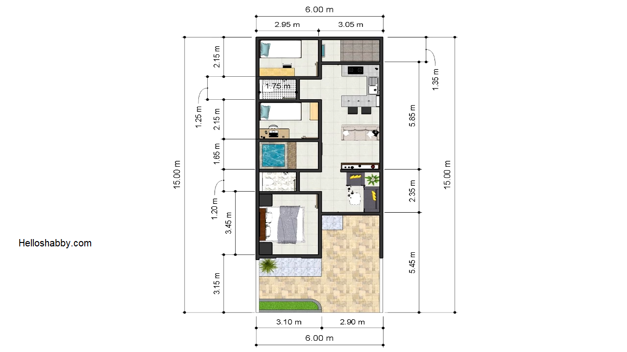 Desain Rumah Minimalis 6 X 15 M Dengan 3 Kamar Tidur Dan Desain Interior Terbaru Dan Nyaman HelloShabbycom Interior And Exterior Solutions