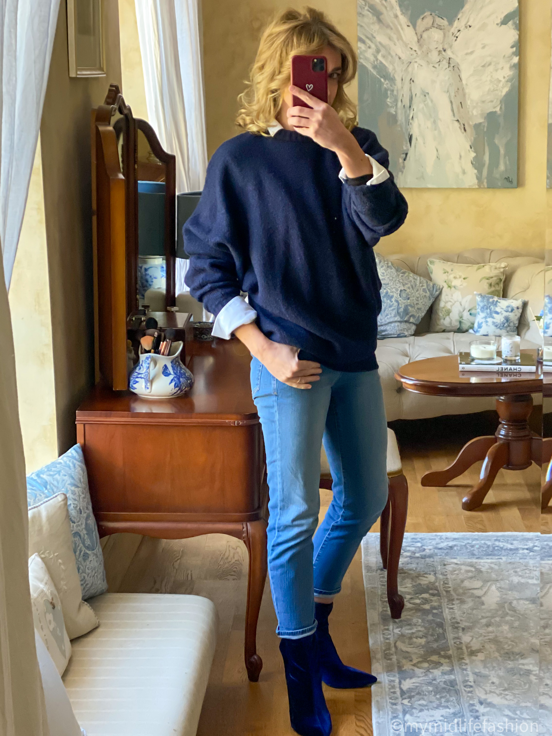 my midlife fashion, baukjen heather organic shirt, raey batwing sleeve crew neck jumper, baukjen boyfriend jean, marks and Spencer stiletto heel sock boot