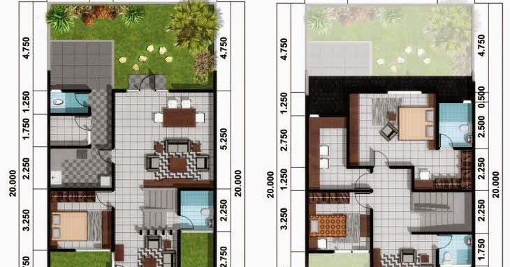 5 Denah Rumah Sederhana 2 Lantai dengan Lebar Muka Sempit 