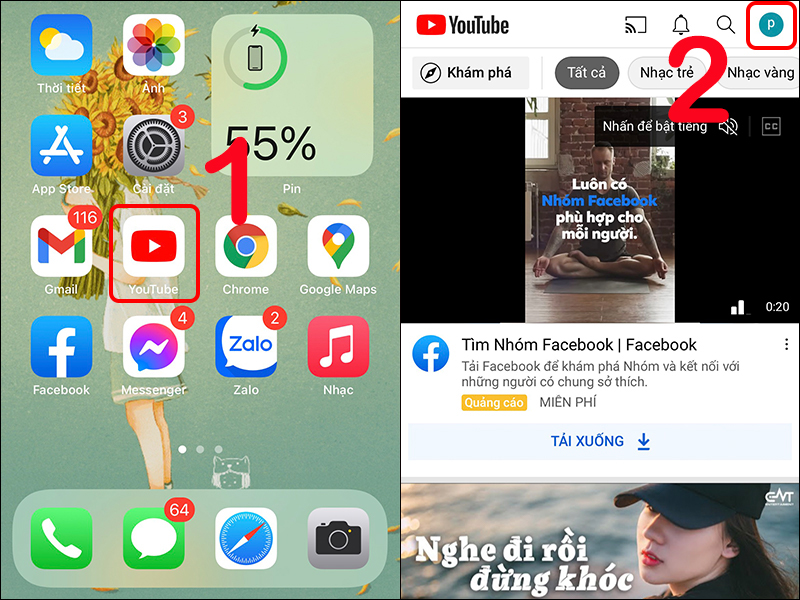 Chọn biểu tượng tài khoản trong YouTube
