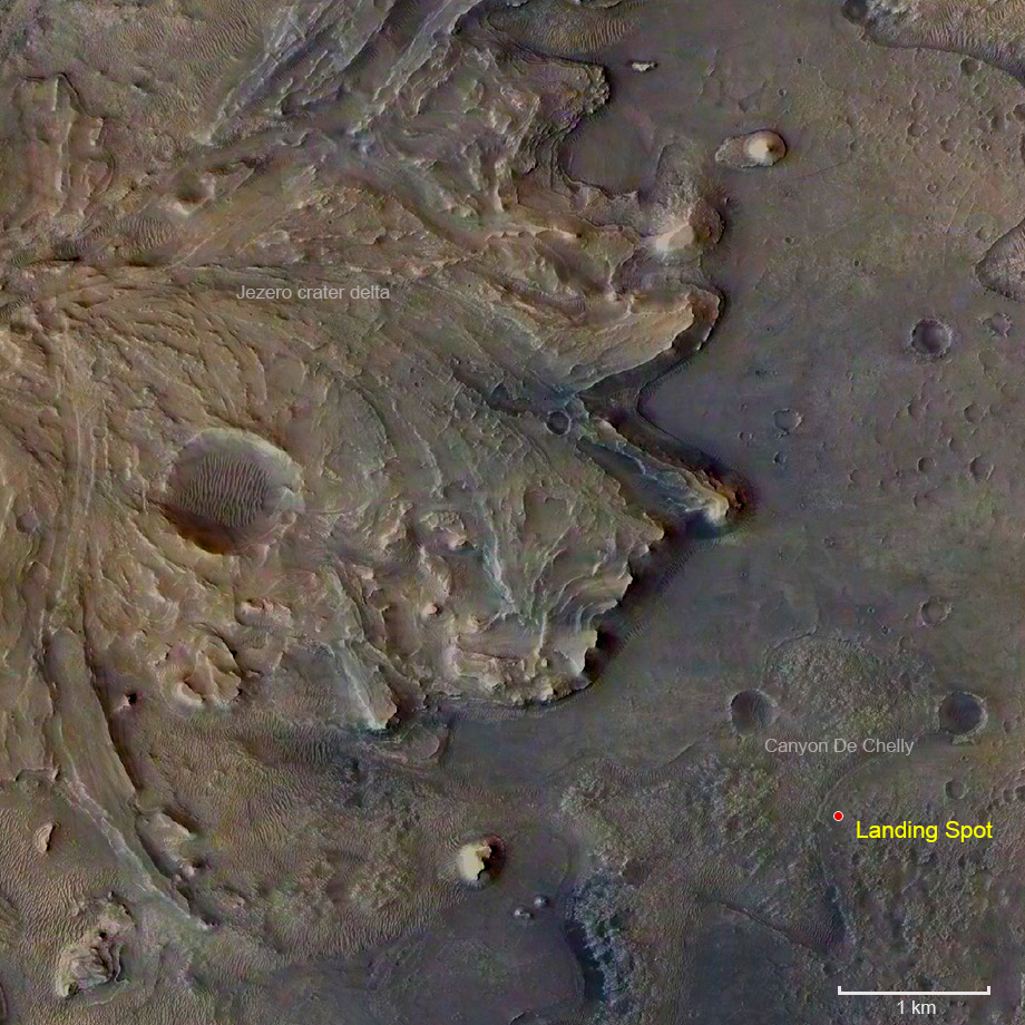 Perseverance’s landing spot inside the Jezero crater, southeast of the delta. Mars Reconnaissance Orbiter. NASA/JPL, 2021.