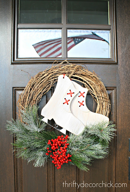 DIY Christmas grapevine wreath with skates