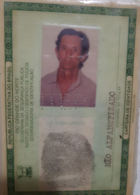 Documento de identidade em nome do  Senhor José Augusto de Oliveira é encontrado em Caraúbas