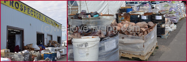 many bins and other containers full of rock