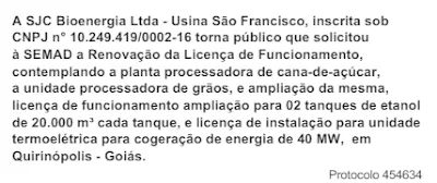 Imagem mostra publicação da SJC Bioenergia no Diário Oficial de Goiás