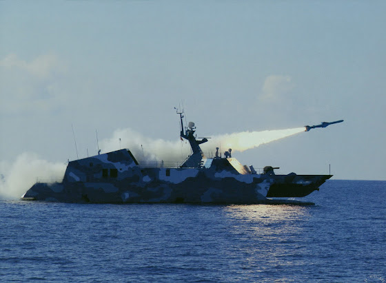 Houbei class fast attack craft firing YJ-83 anti ship missile