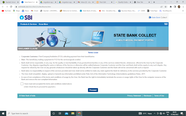 SBI Collect Main Screen for GU Migration Fees Paymant