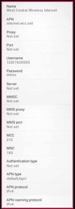 West Central Wireless APN Settings