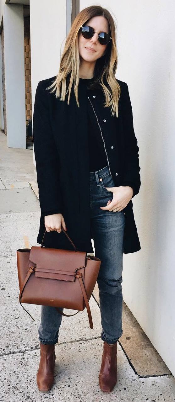 simple outfit idea: coat + top + jeans + bag + boots
