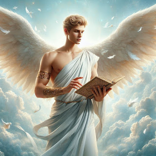 El Arcángel Raziel está en un ambiente celestial, viste una toga blanca, sus grandes alas están desplegadas y esta leyendo el libro de la sabiduría divina, llamado el Libro de Raziel