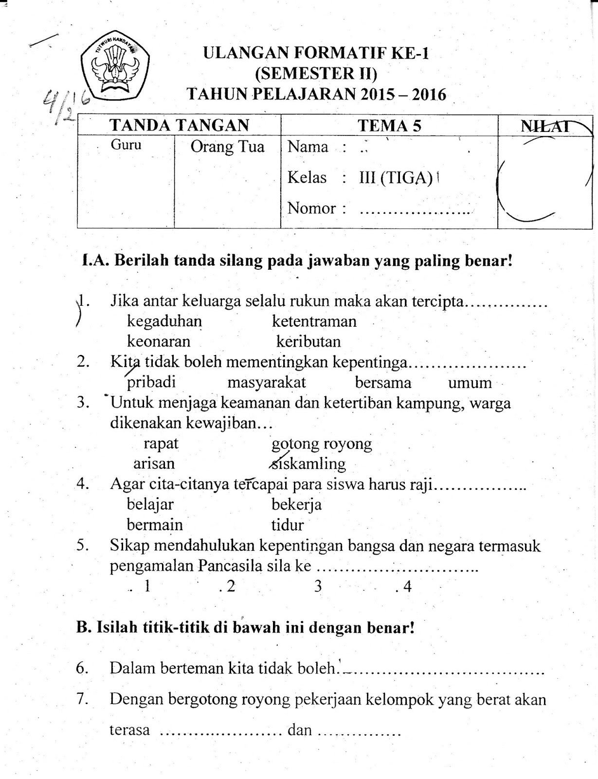 Ulangan Harian 1 Tema 5 SD Kelas 3 TA 2015 2016 Semester Genap