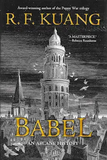 Hardcover Edition of Babel (an intricate ink print of an ornate tower encircled by a line of birds rises above a crowded Dickensian city-scape)