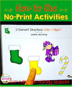 Learn how to use No-Print Activities in speech therapy on your I-Pad or computer! Portable and no-prep materials that make organization easy. Terrific with toddlers, preschool and autism students. #speechsprouts #speechtherapy #noprint www.speechsproutstherapy.com 
