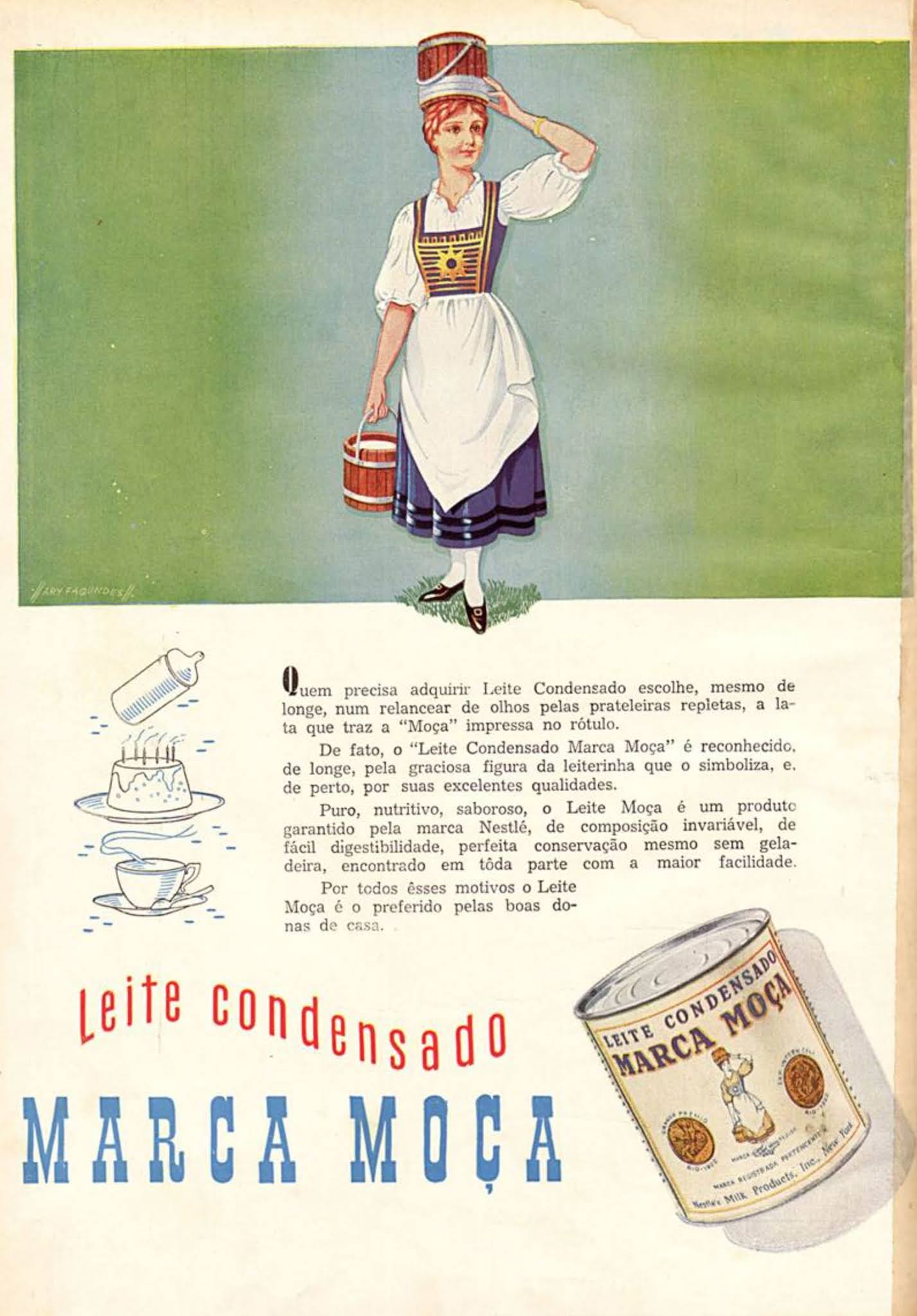 Anúncio antigo do Leite Moça apresentando seus vários usos em 1950