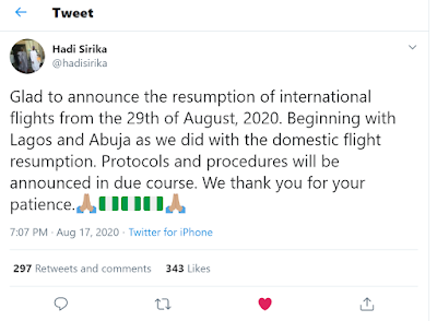 International Flights Resume 29th August 2020
