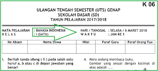 Soal UTS 2 Bahasa Indonesia Kelas 1 SD Terbaru dan Kunci Jawaban