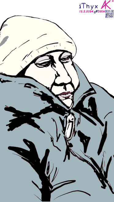 Большая женщина, в белой вязаной шапке и серой куртке, с поднятым воротником. Автор рисунка: художник #iThyx