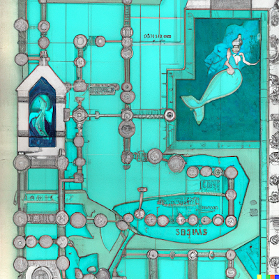 An AI-generated image of a dungeon map with a mermaid illustration