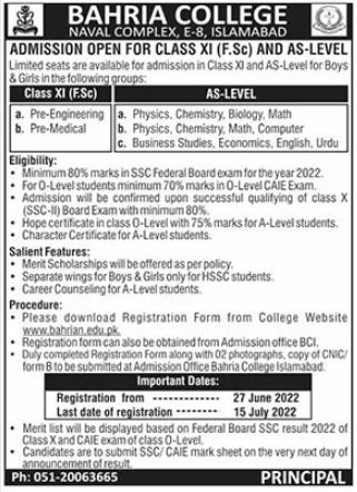 Bahria College Naval Complex Islamabad Admissions 2022