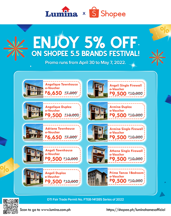Lumina Homes house models, Lumina Homes locations, Shopee 5.5 Brands Festival, Shopee, ShopeePay, reservation e-vouchers, Piso deals, affordable housing, reservation fee, Philippine real estate, investment, new home, dream home