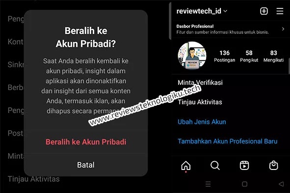 cara merubah jenis akun instagram bisnis ke pribadi