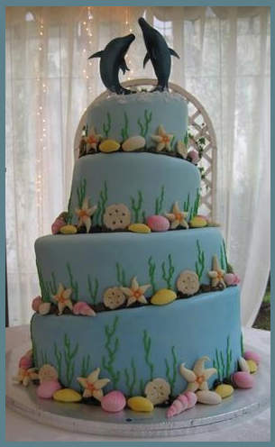 Metallic light blue beach wedding cake with white seashells and light blue