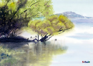 watercolor.　Tree on the lake. finished.  水彩画　湖上の木　完成