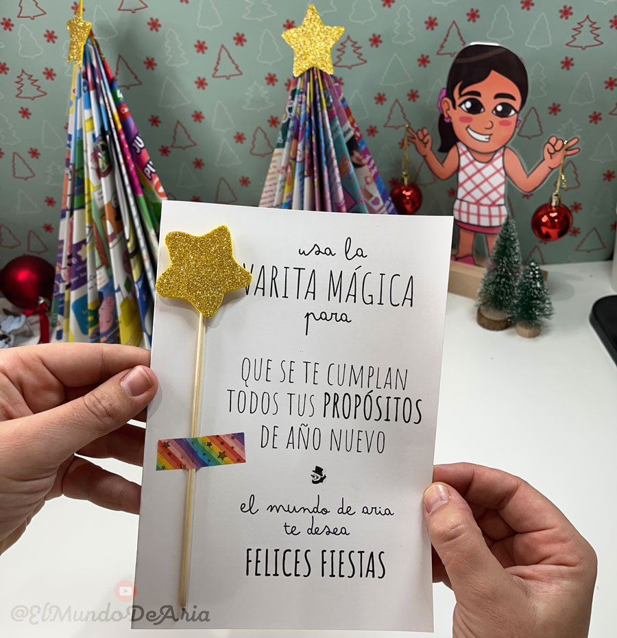 Tarjeta felices fiestas con varita mágica