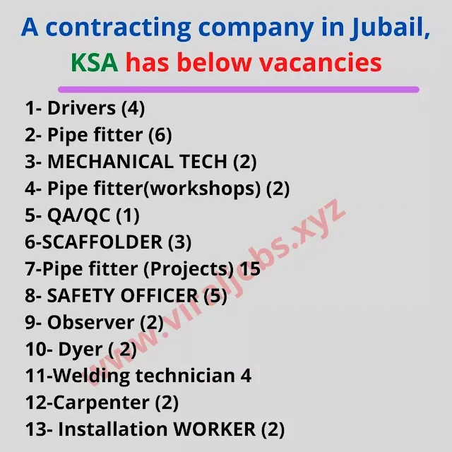 A contracting company in Jubail, KSA has below vacancies