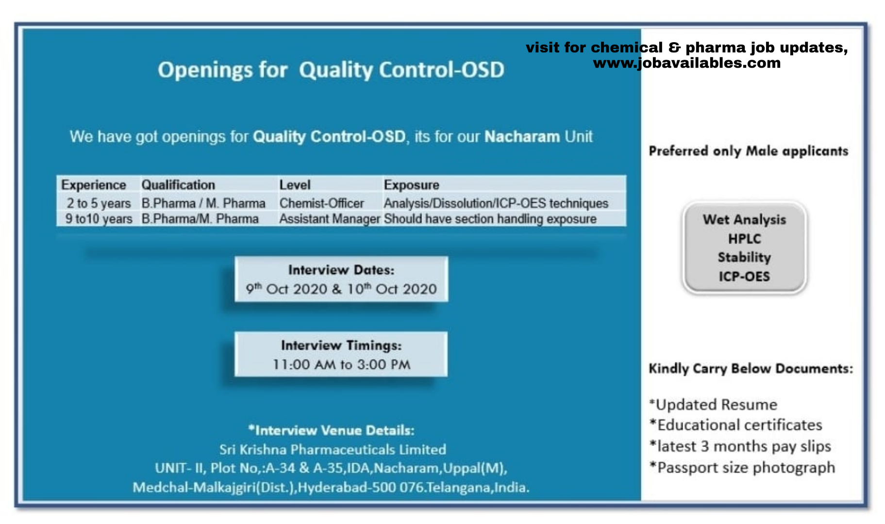 Job Availables, Sri Krishna Pharmaceuticals Interview for B Pharm/ M.Pharm - Quality Control Department