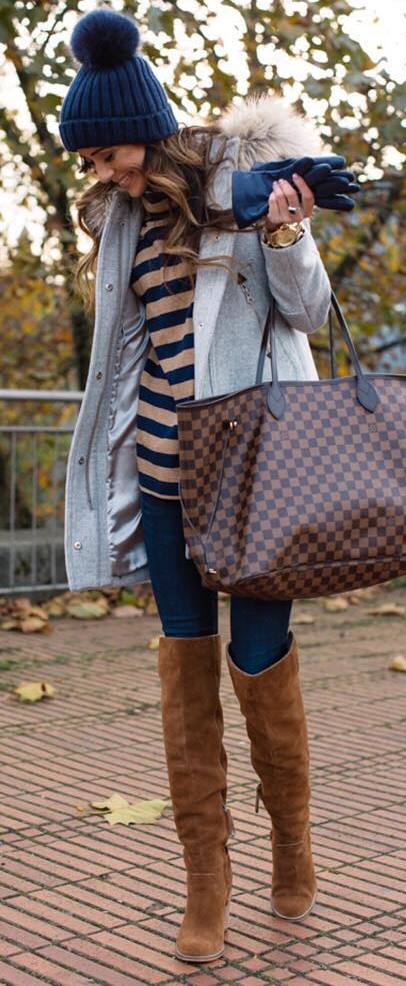 awesome winter outfit / hat + parka + bag + skinnies + stripped top + brown over the knee boots