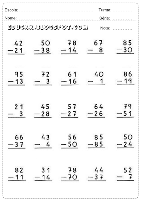 Atividades de matemática subtração