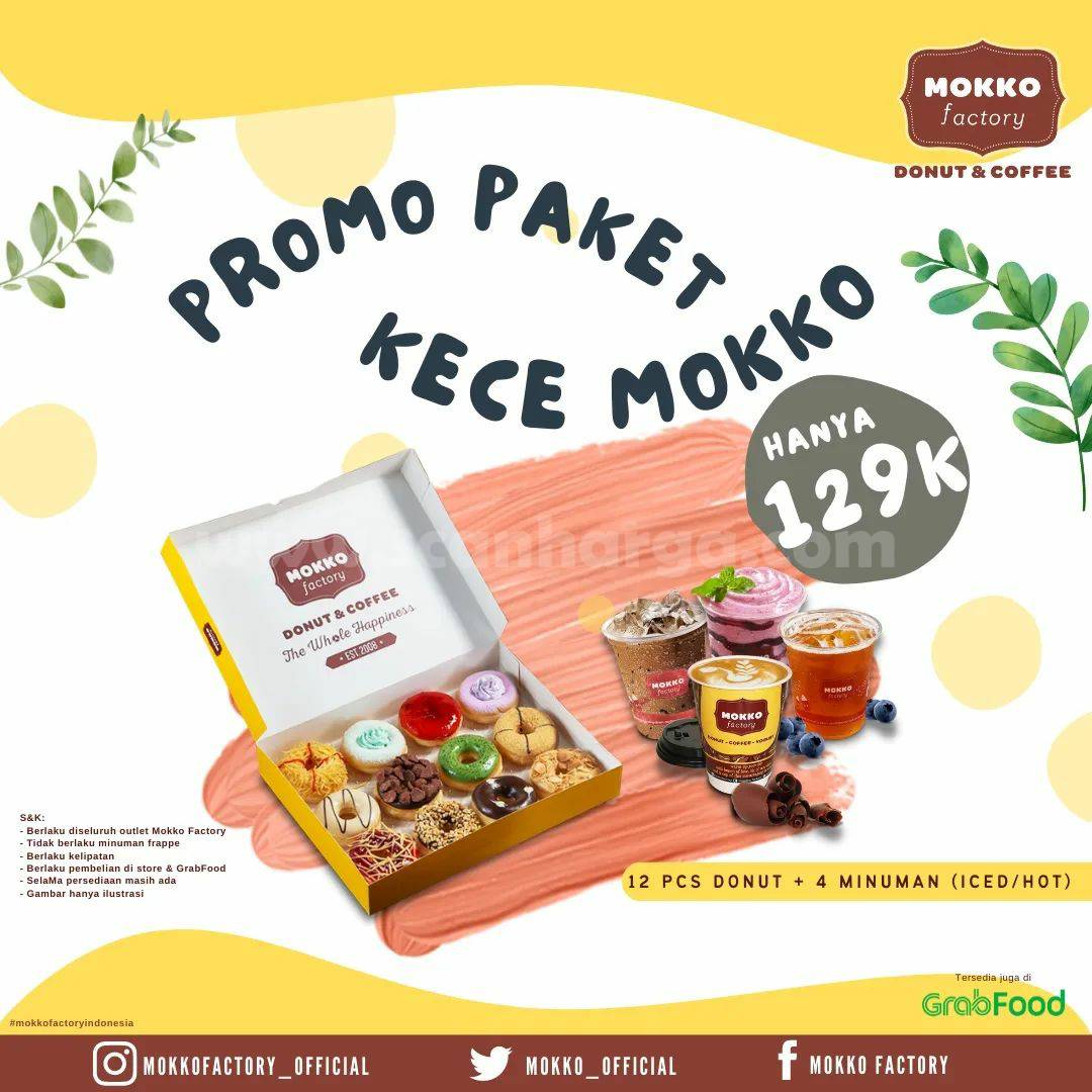 MOKKO FACTORY Promo PAKET KECE – Beli 12 Donut + 4 Drink hanya 129Rb