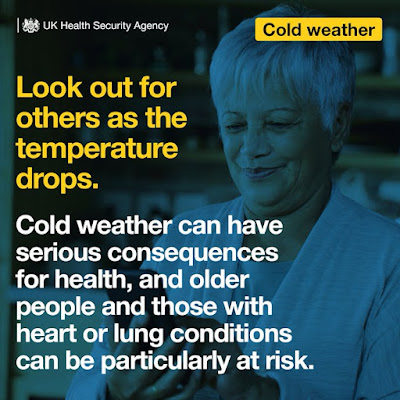 Look out for others in cold weather UK HSA Image of older lady smiling and text